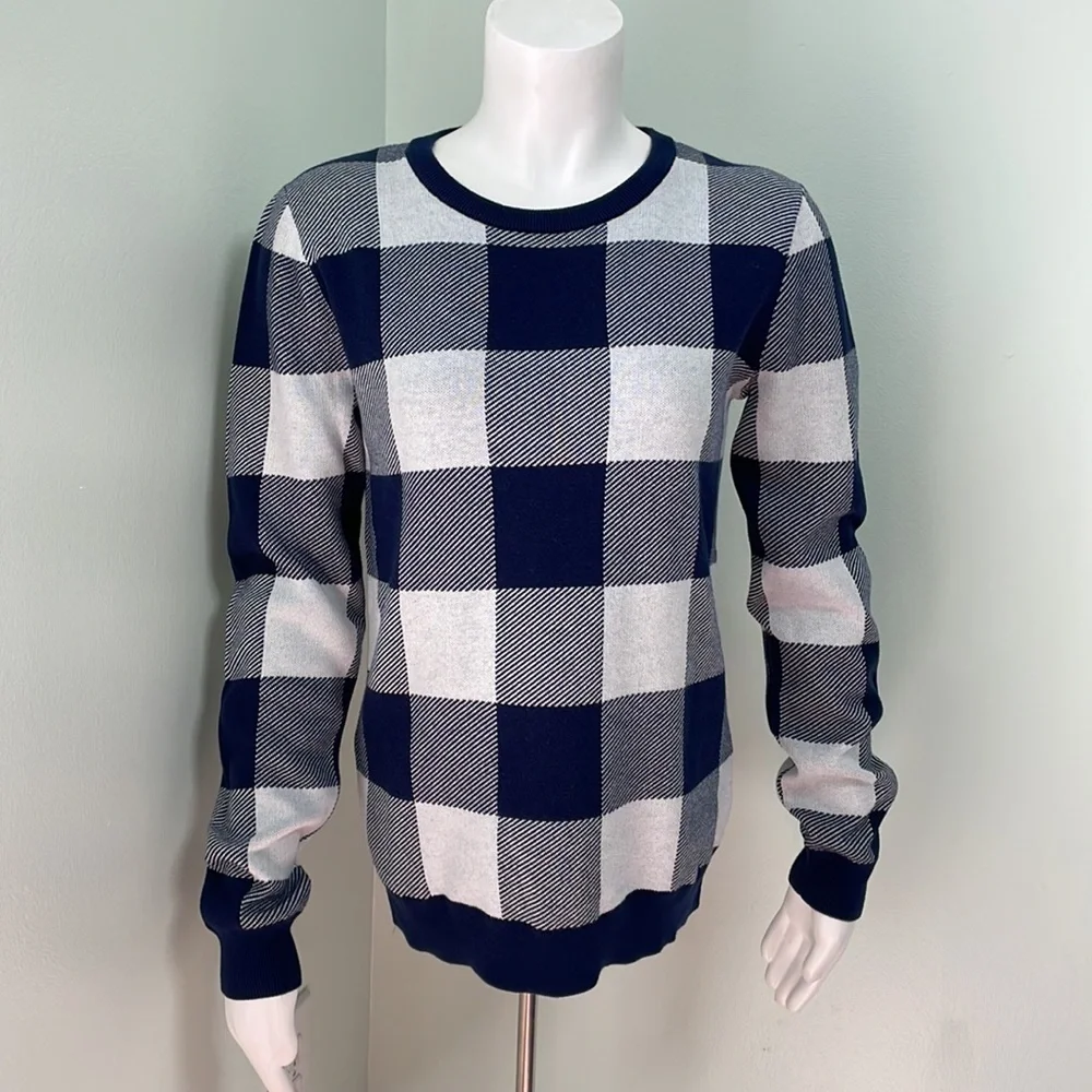 J. Crew Navy Blue Oversized Gingham Teddie Sweater NEW